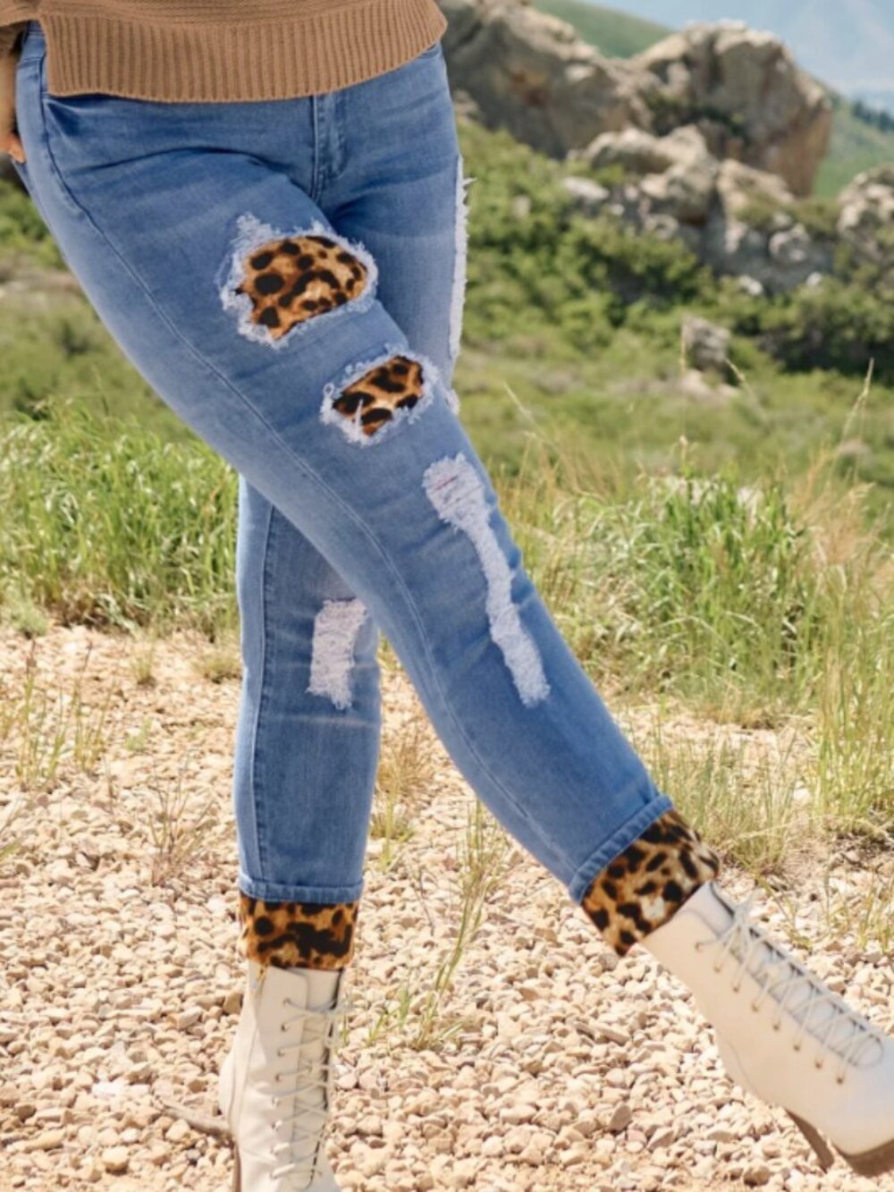 VENUS  Plus| sz 20 Cuffed Boyfriend Jeans Blue Denim Leopard Print  patchwork